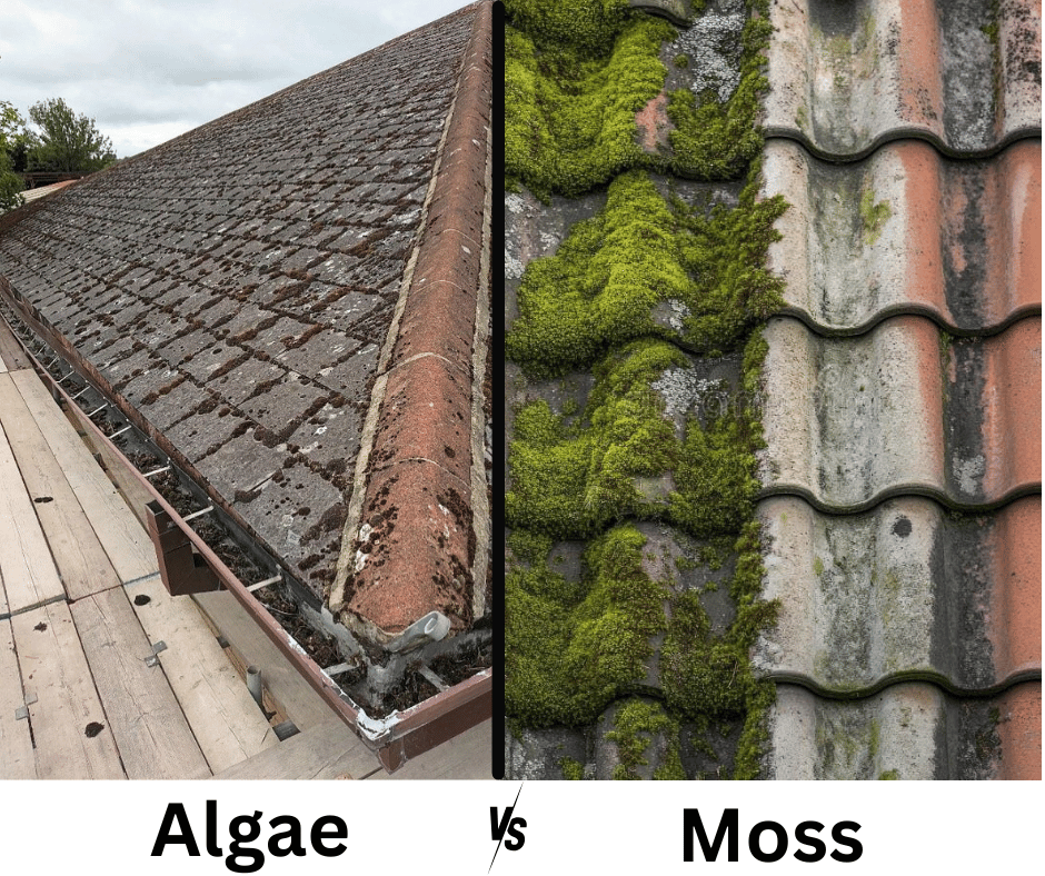 two combined pictures, one rooof has moss and one roof has algae