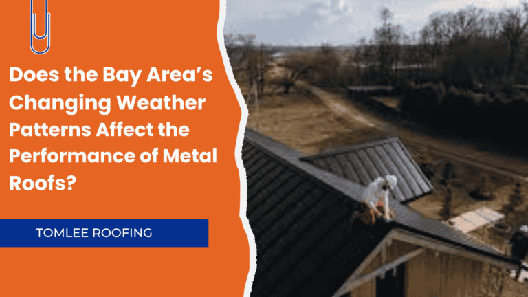Roofer working on metal roofs in the Bay Area with changing weather conditions.