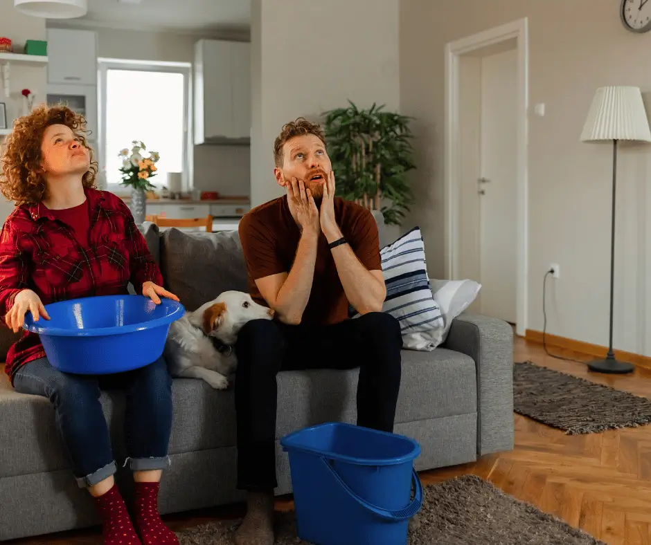 effects of San francisco's rains on flat roof. water is dripping from theroof due to heavy rainfall