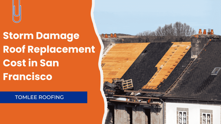 Image showing Storm damage roof replacement cost in San Francisco with partially repaired roof.