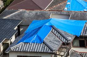 Image showing roofs are covered with blue sheets because of rain during roof installation