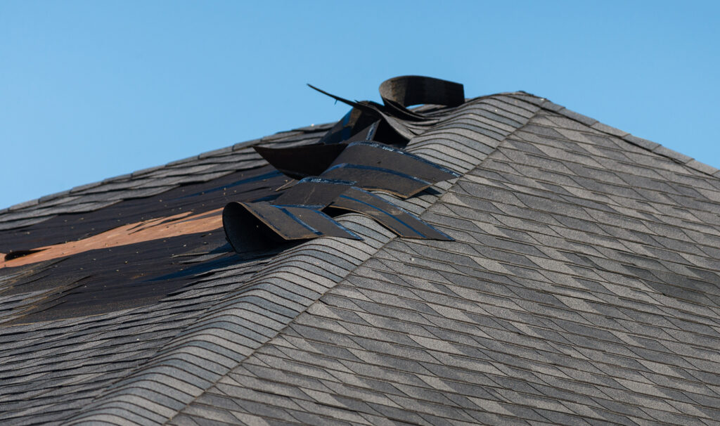 Asphalt roof shingles curling and peeling away due to damage.