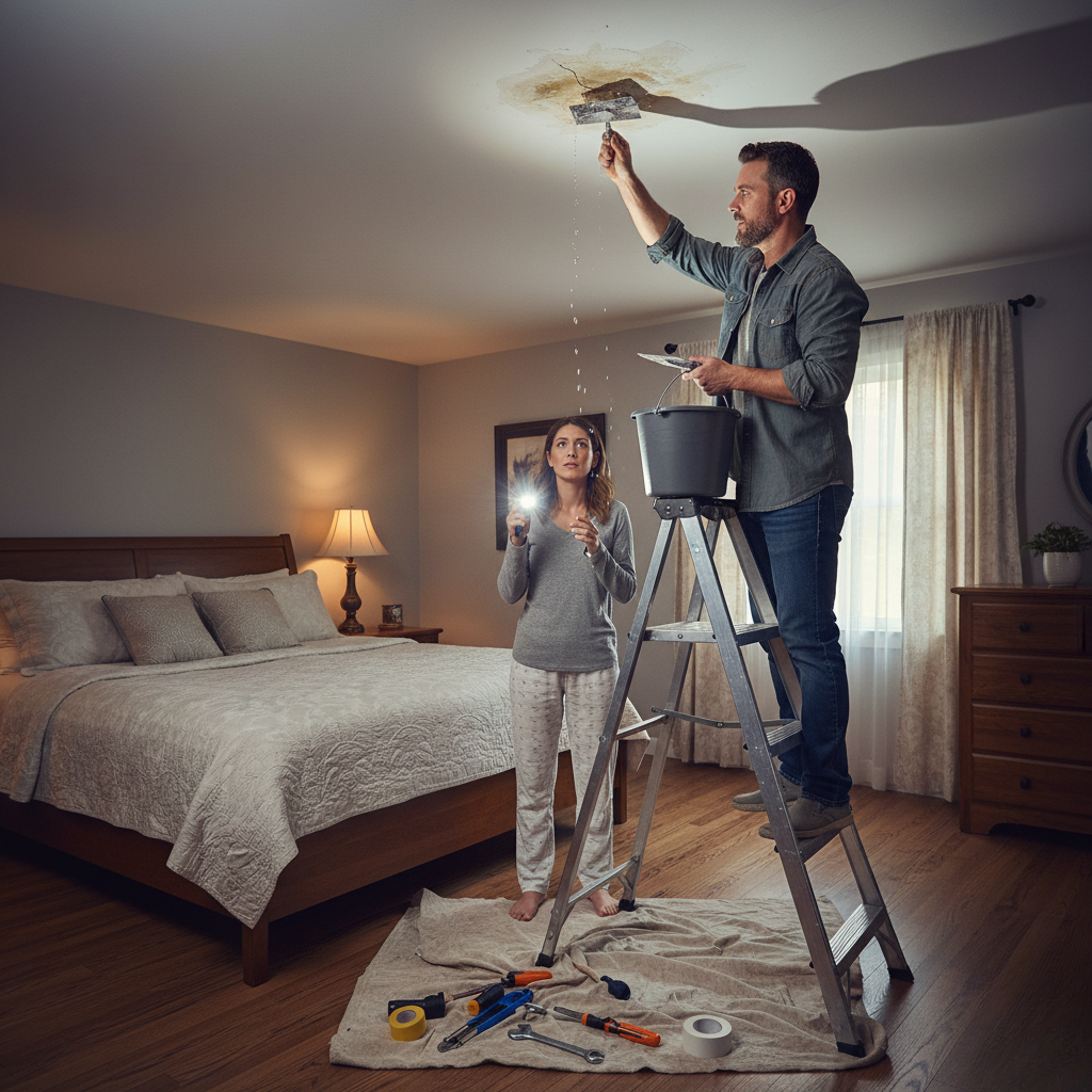 A person doing DIY roof repair of small leakage in the room
