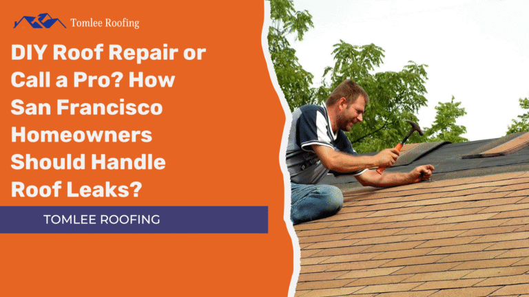Homeowner attempting DIY roof repair with hammer on shingle roof – San Francisco roof leak guide