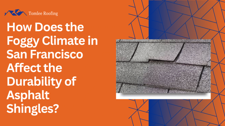 Foggy climate in San Francisco affecting asphalt shingle durability with roof damage example shown by lifted shingles.