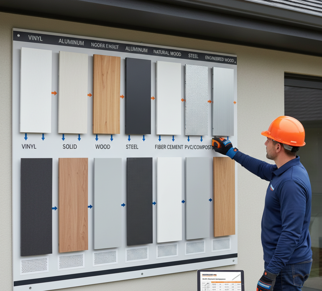 Soffit Panels are dispayed on the wall in different materials