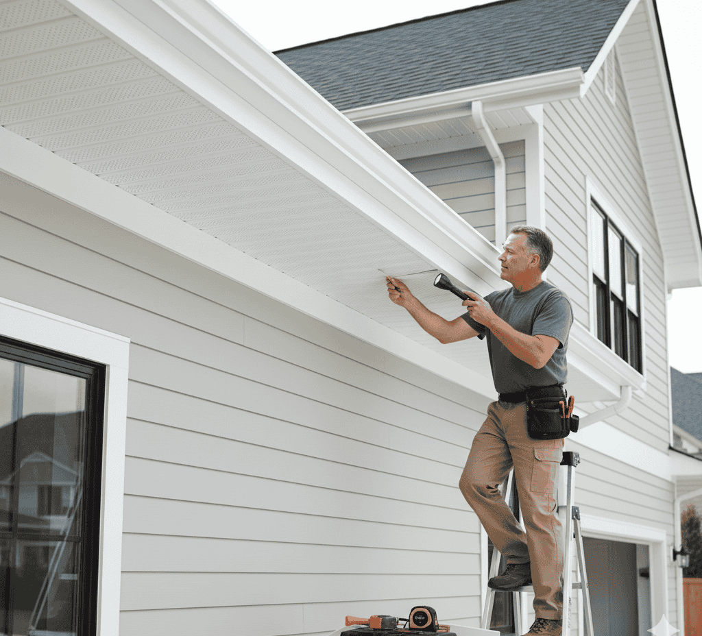 A person is standing on the ladder and checking the Soffit with the torch.