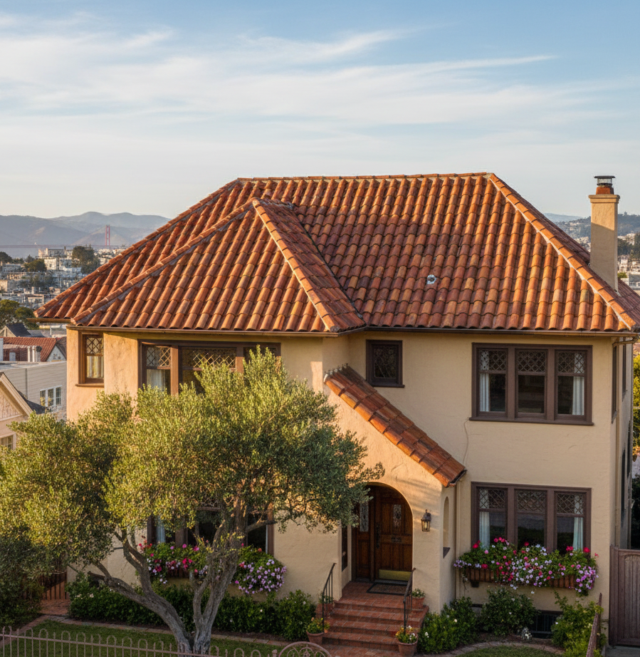 Beautiful San Francisco home featuring a traditional red clay tile roof, showcasing the durability and charm of clay tile roofs in coastal California environments.